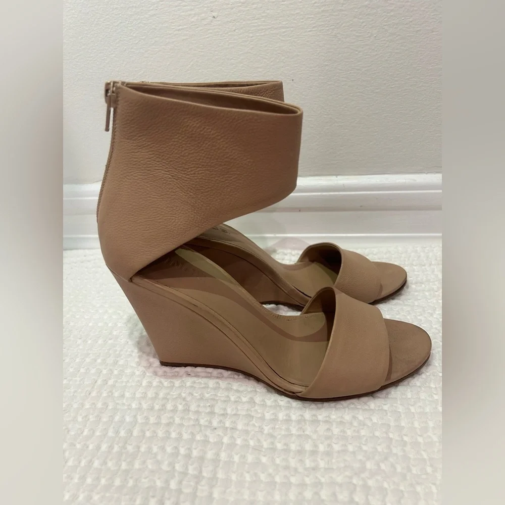 Vince Nude Tan Leather Ankle-Wrap Wedge Sandals
